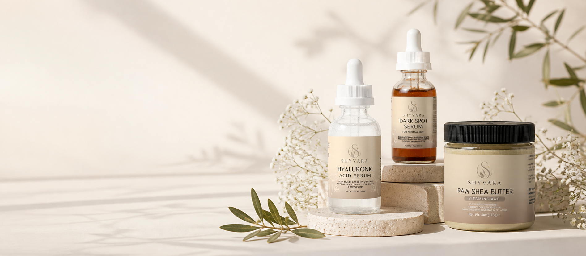 Shyvara Hyaluronic Acid Serum, Dark Spot Serum and Raw Shea Butter